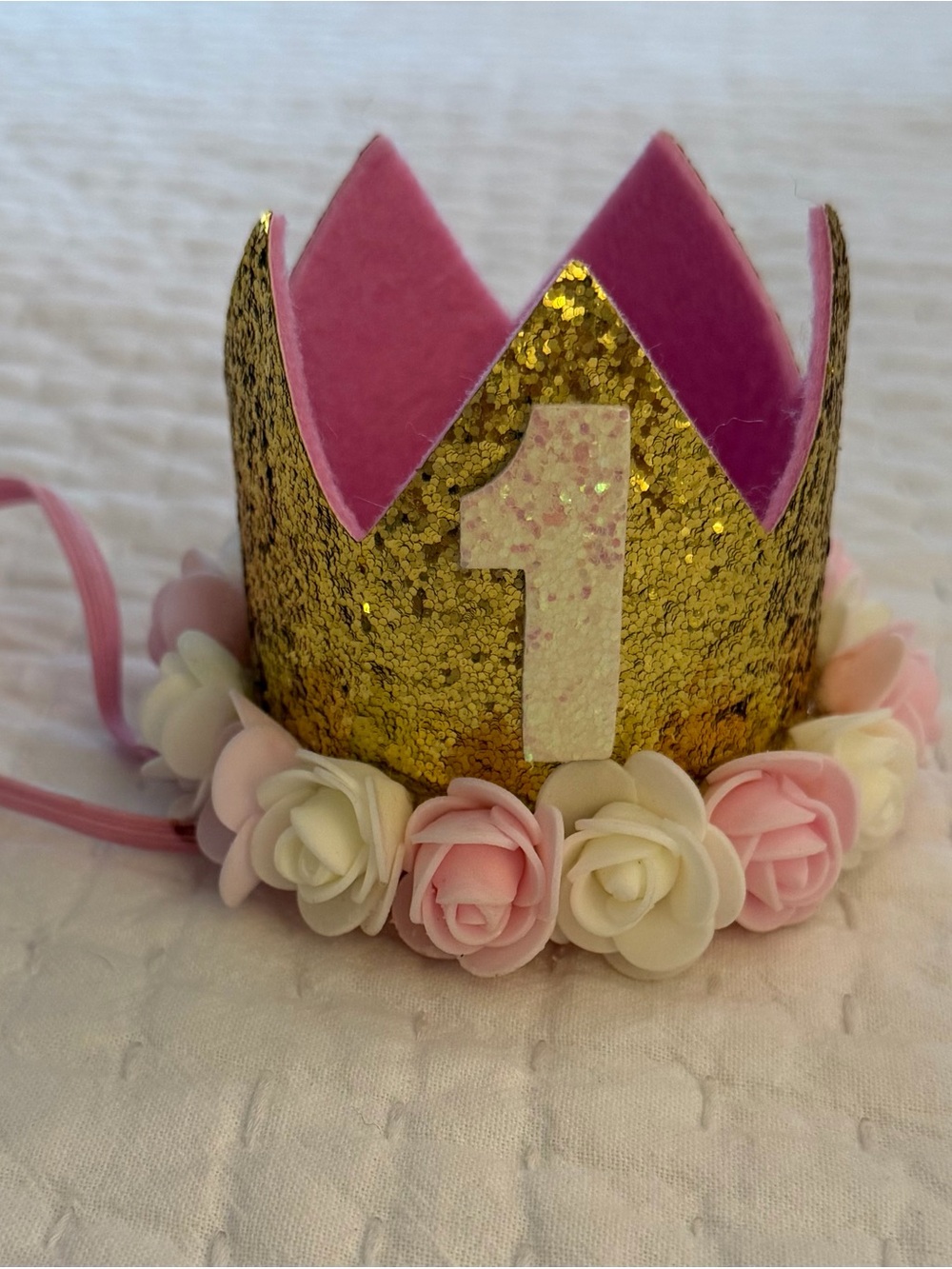 Baby First Birthday Pink & Gold Glitter Crown Headband with Flowers